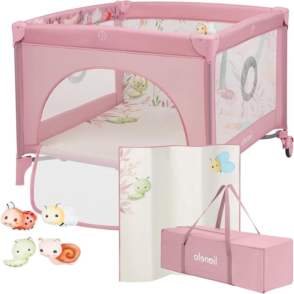 Babybox en Reisbedje - Speelbox Baby - Veilig Spelen - Inclusief Matras en Speeltjes - 100x100 cm - Roze