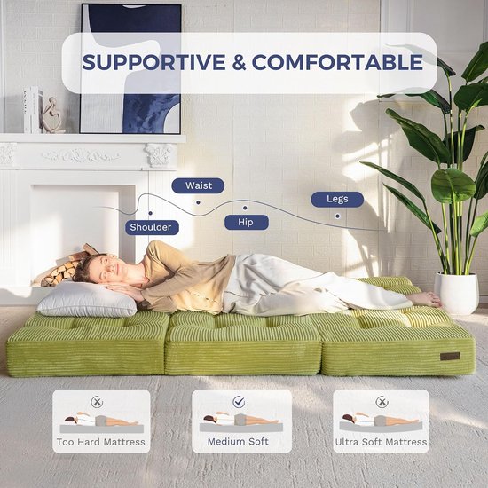 Opvouwbare Matras - Driepersoons Matras Futon - Gasten Ontvangen - 15cm Schuimvulling - 90x190 cm - Groen — afbeelding 4