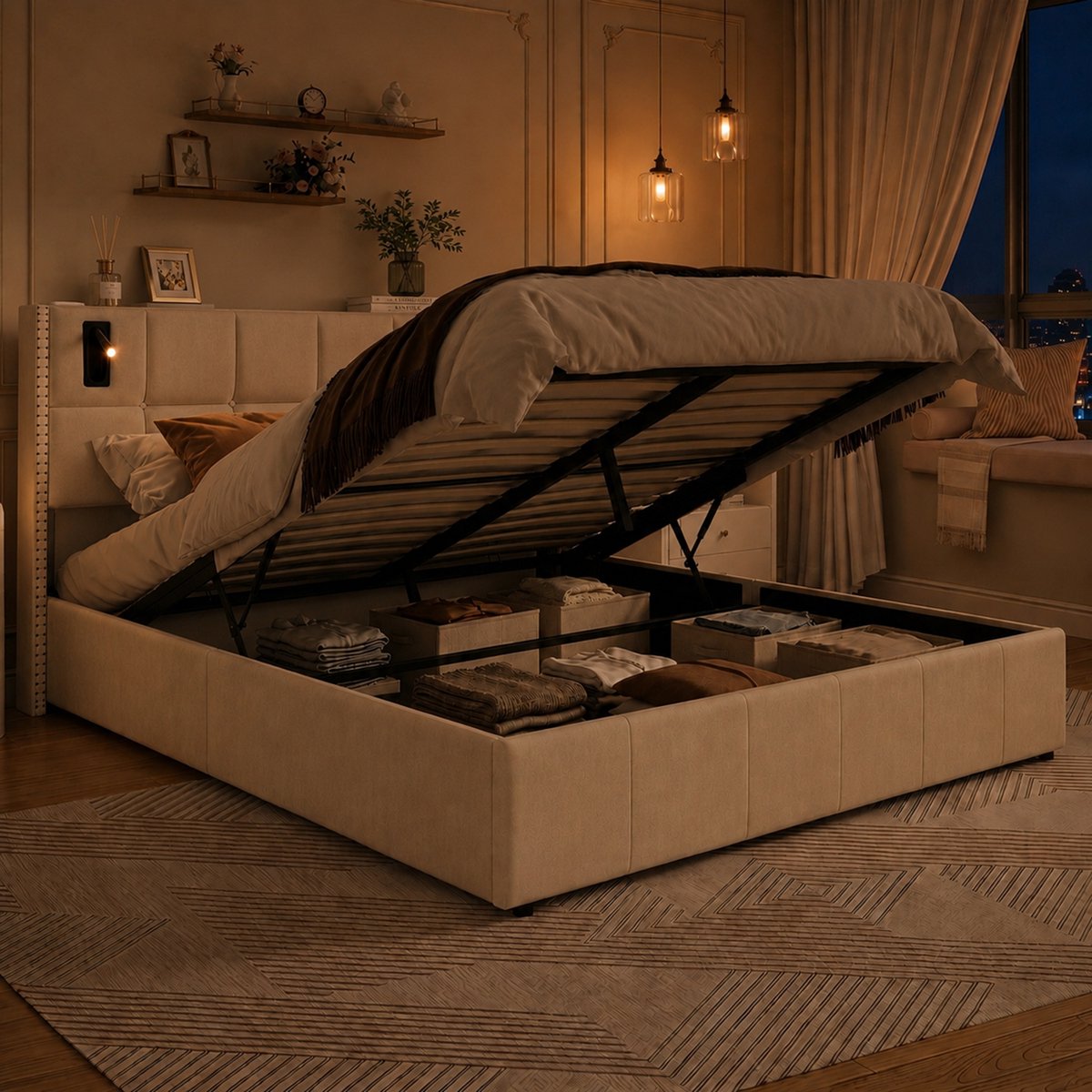 Opbergbed 140x200 cm met leeslampje, Tweepersoonsbed gestoffeerd met opbergruimte in de bodem, hydraulische opbergfunctie, bedden en bedframes voor volwassenen en tieners, lattenbodem, fluweel Beige