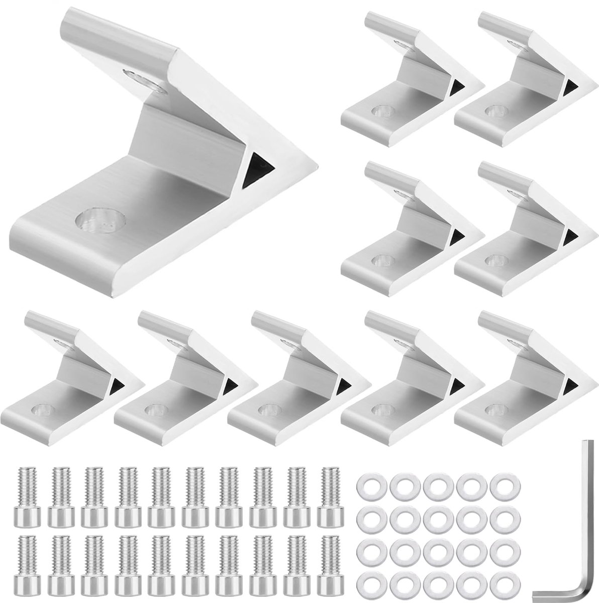 Aluminium profiel, hoekverbinder, 45 graden, 20 x 20 cm, met 20 zeskantschroeven M5 20 sluitringen, 15 x 60 mm hoekconnector voor 2020 profielen, 3D-printer (zilver)