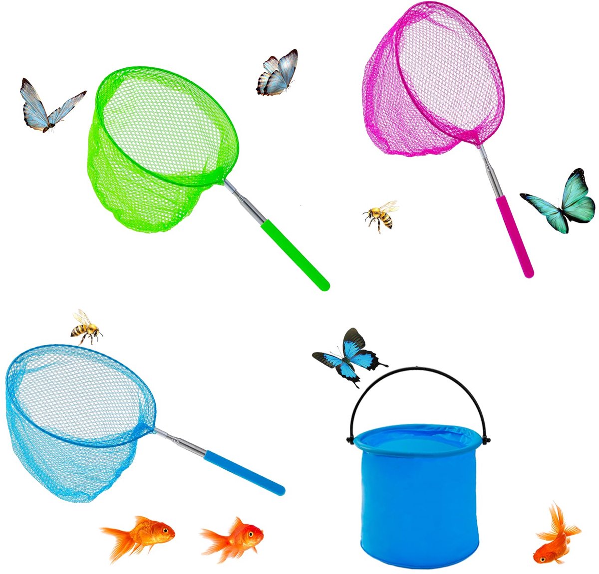 Kinder, Telescopisch Kinder Kescher, 4-delig Set Bevat 3 Vlindernetjes en 1 Opvouwbare Emmer, Kindervisnet voor het Vangen van Insecten, Bugs, Vissen, Tuin, Zwembad, Outdoor