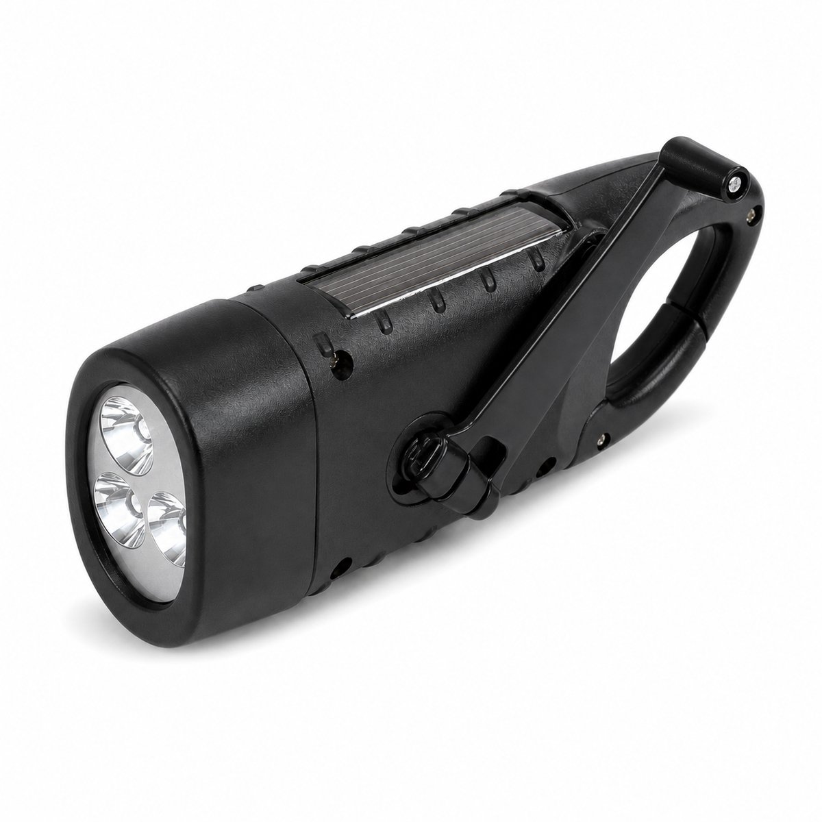 Solar Zaklamp met Dynamo – 3 LED – Karabijnhaak – Zwart
