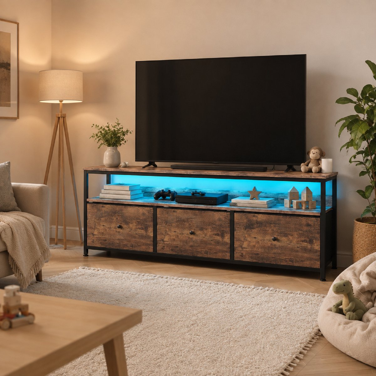TV-meubel 137 cm met LED Verlichting, Vintage Houtlook, 4 Stoffen Laden & IJzeren Frame voor Woonkamer