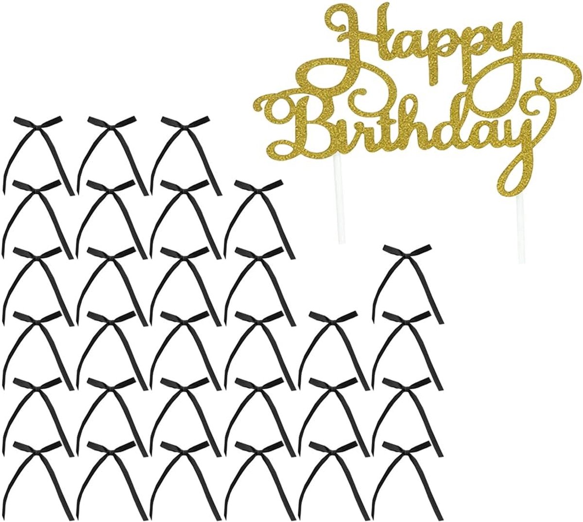 Coquette-strikken met Happy Birthday-bord, voor verjaardagen, bruiloften, Valentijnsdag, babyborrels, zwarte strikjes met strik