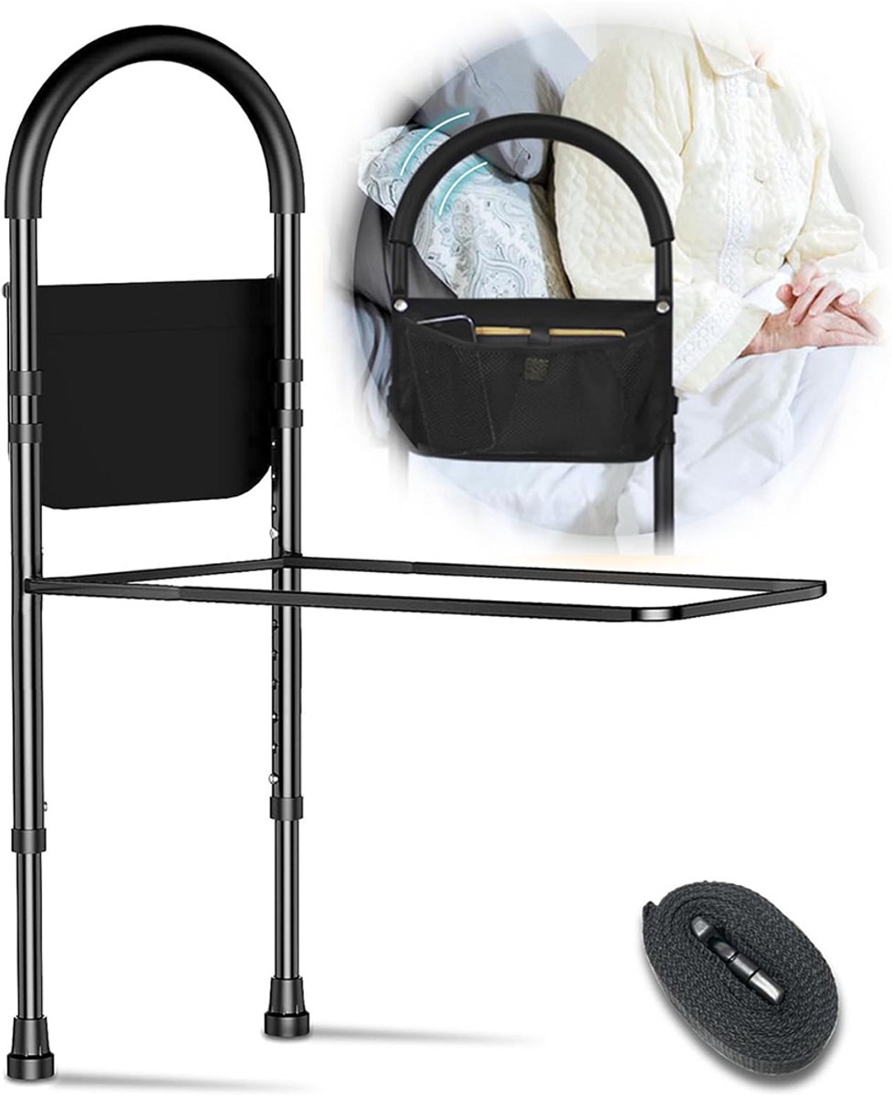 Verstelbare Bedbeugel - Opstahulp voor Bed - Draagkracht tot 330 lb - Hoogte Verstelbaar van 77–101 cm - Antislip Schuimhandgreep - Afneembare Opbergtas - Voor Ouderen, Zwangere Vrouwen en Mensen met Beperkte Mobiliteit