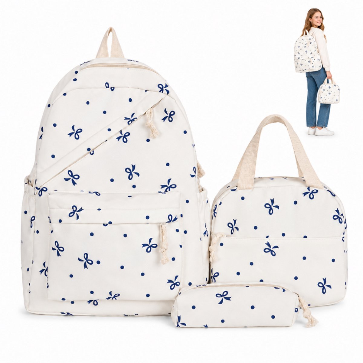 Bobypet - Meisjes School Rugzak Set - 3-Delige Set met Lunchtas en Etui - Strikje Rugzak voor Laptop 15.6 Inch - Waterdichte Boekentas voor Meisjes en Tieners - Wit Blauw