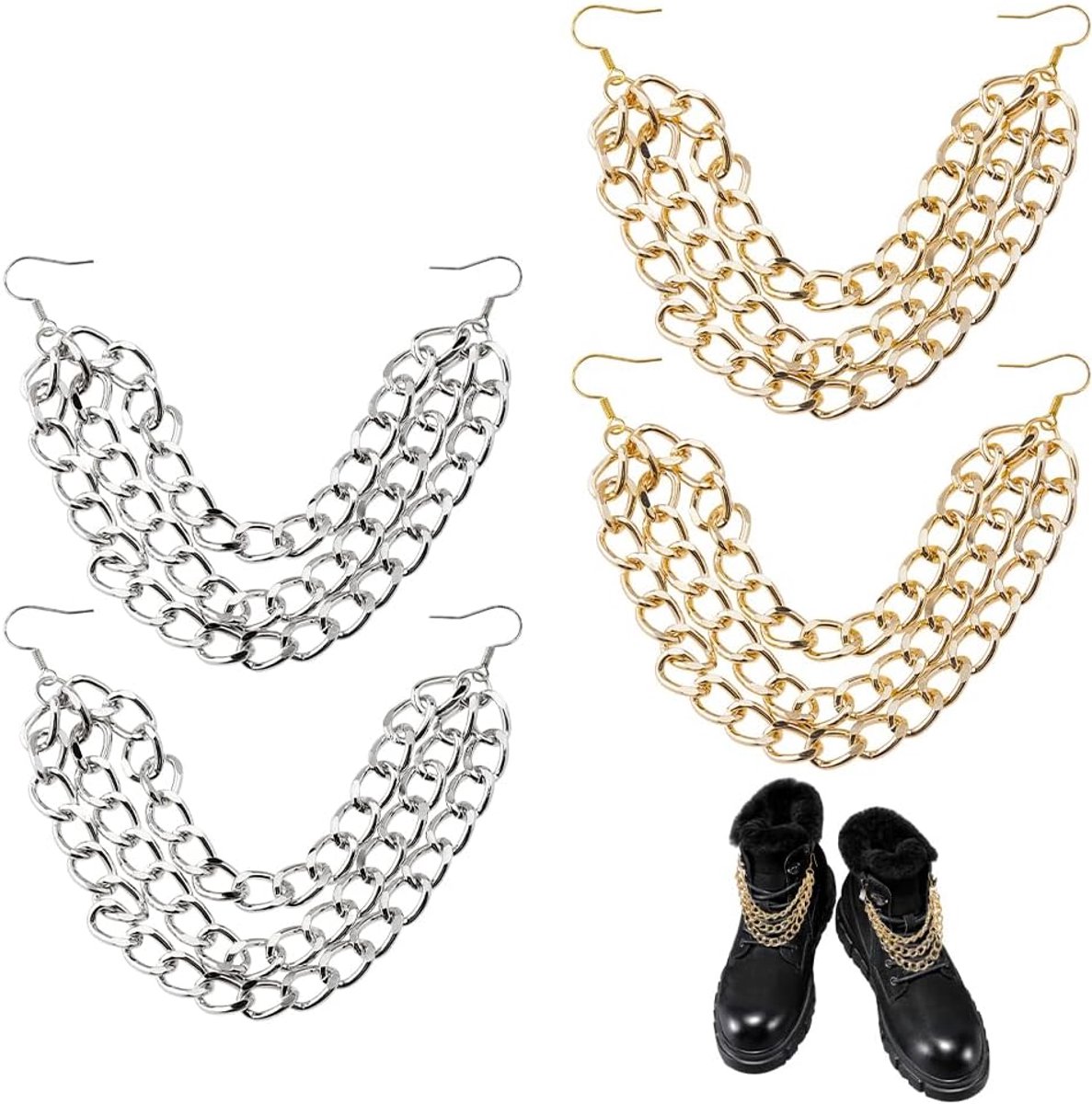 4 stuks schoenbedelkettingen 2 kleuren meerlaagse schoenketting DIY decoratieve vrijetijdsschoenkettingen voor schoenaccessoires decoratie laarzen sneaker tas handtas broek, Aluminium