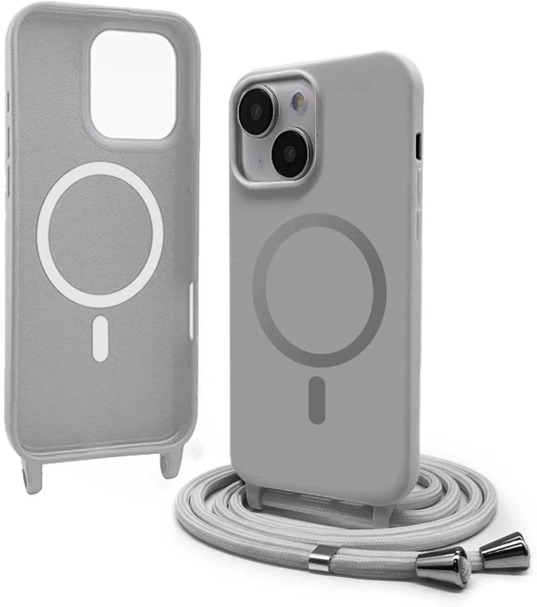 beschermhoes met draagkoord voor iPhone 13, 6,1 inch, compatibel met MagSafe, siliconen hoes, verstelbaar, omhangkoord, nylon ketting, schouderriem, lichtgrijs