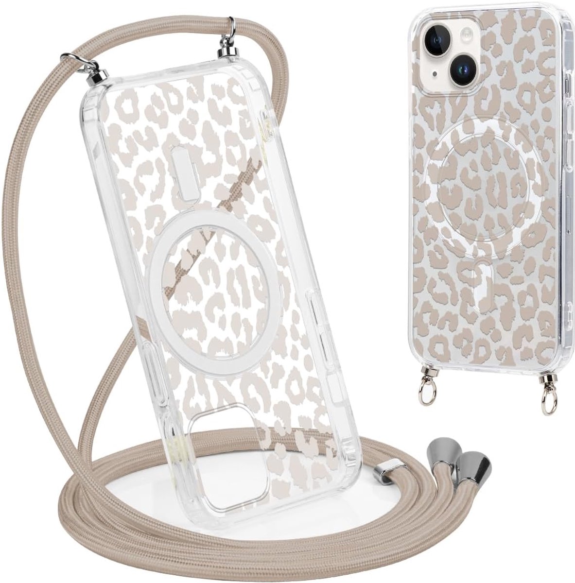 Telefoonhoesje met ketting voor iPhone 13 Mini hoes 5,4" met band, compatibel met Magsafe, transparante esthetische luipaard patroon cover met halskoord om te dragen, schokbestendige case