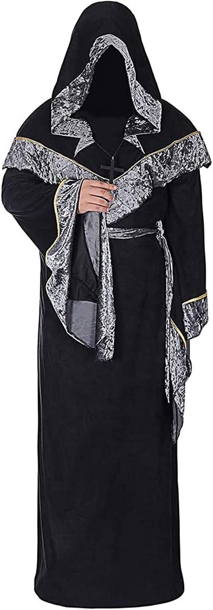 tovenaarsgewaad, Halloween, cosplay kostuums voor mannen, volwassenen, middeleeuws uniform, vintage renaissance-kleding, herenoutfit, tovenaars, mantel, cape, zwart, S