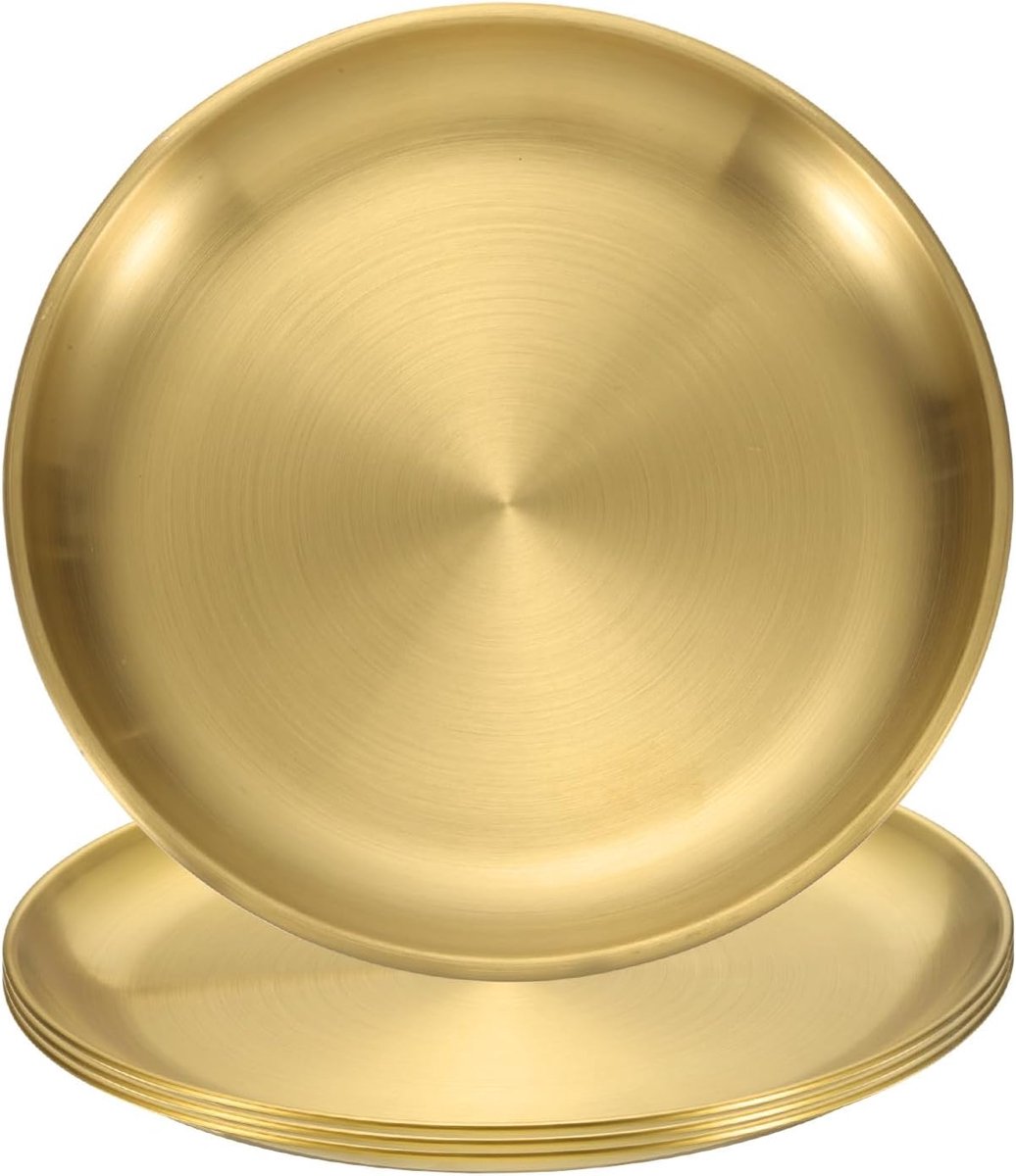 4 stuks roestvrijstalen eetborden, 23 cm, ronde serveerborden, set van platte metalen eetborden voor restaurants, keuken, dessert, salade, eten, outdoor, camping, goud