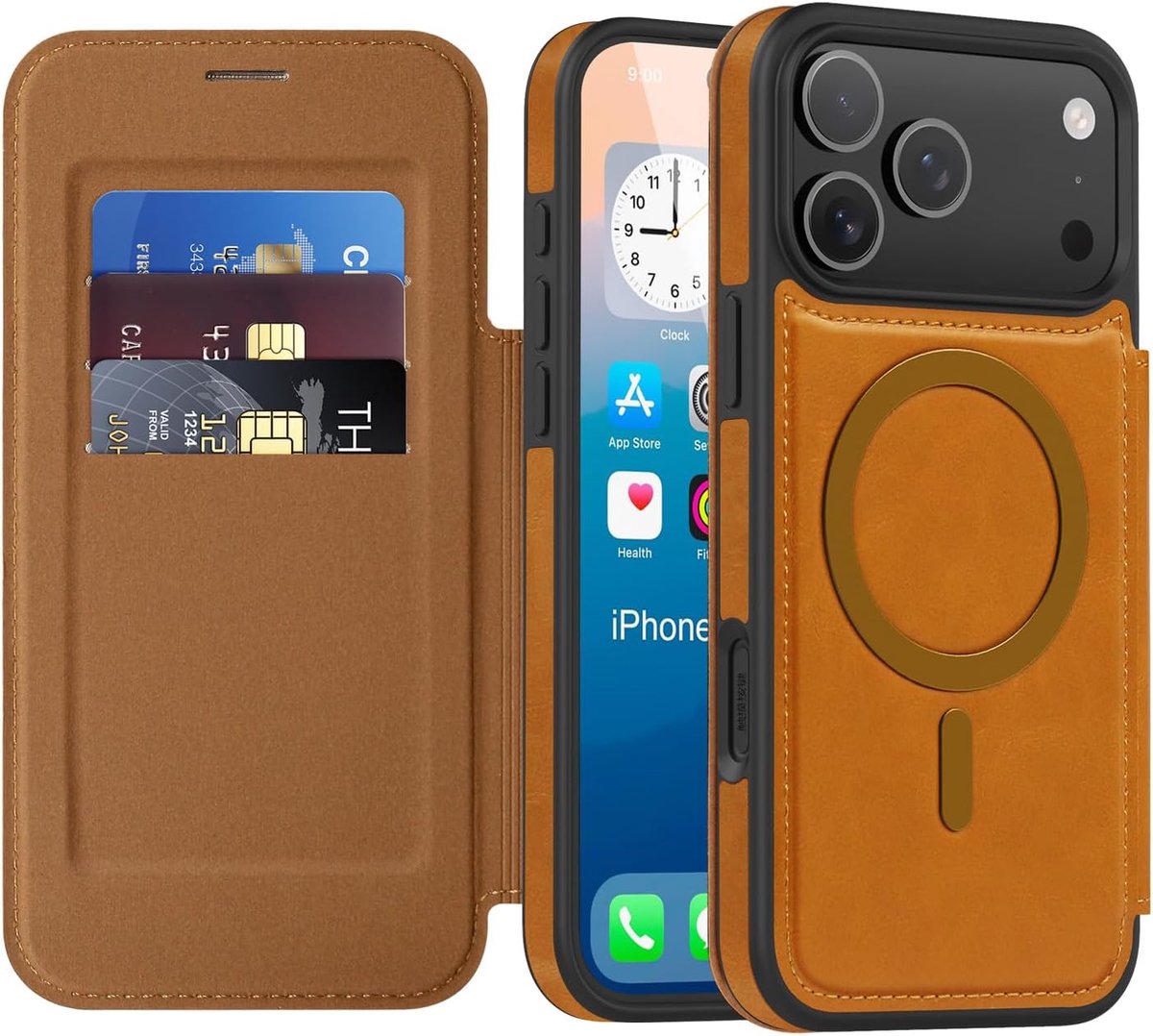 Klaphoesje voor iPhone 17 Pro Max met kaartenvak, PU-leer, schokbestendig, magnetische hoes, krasbestendige transparante achterkant, beschermhoes voor iPhone 17 Pro Max, donkerbruin LDX