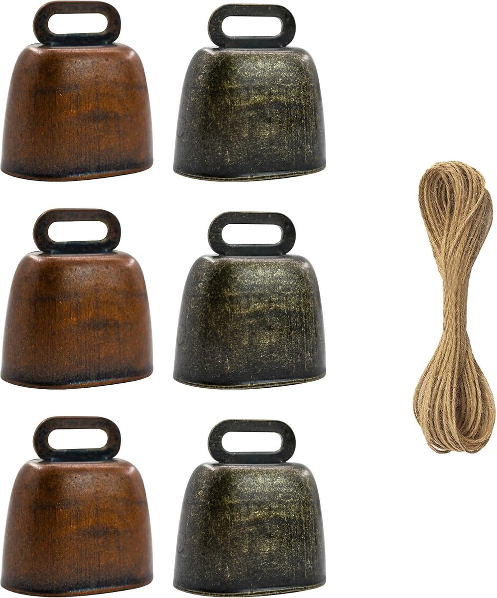 6 Stuks Koperen Schapen Klokken IJzer Antieke Messing Klok Hangende Halsbel Antieke Messing Klok Bronzen en Koperen Klokken met Henneptouw 6 Stuks