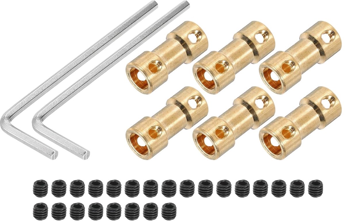 6 mm op 6 mm boring, stijve koppeling 20 mm, lengte 9 mm diameter, M3-aansluiting, messing as voor 3D-printer, doe-het-zelf kopertint met 6 koppelingen, 24 stuks schroeven, 2 stuks sleutels