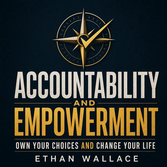 Boekomslag 'Accountability and Empowerment': Gouden kompas en tekst in het wit en goud, 'Own Your Choices and Change Your Life' door Ethan Wallace.