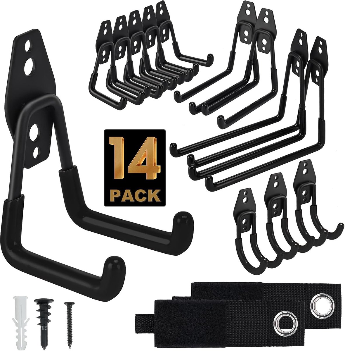 Haken voor garage, 14 stuks, garagehaken, wandhaken, 4 verschillende maten, haken voor zware lasten voor tuingereedschap, werkplaats, ladder, garageorganisatie (zwart)