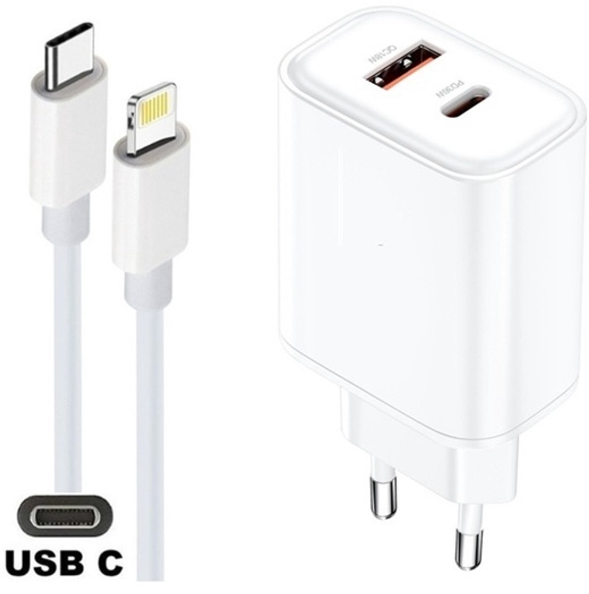 OneOne 36W snellader met 2 poorten + 0,95m OneOne USB C naar Lightning kabel. Witte PD PPS lader. GAN oplader adapter past op iPhone 8 t/m iPhone 14