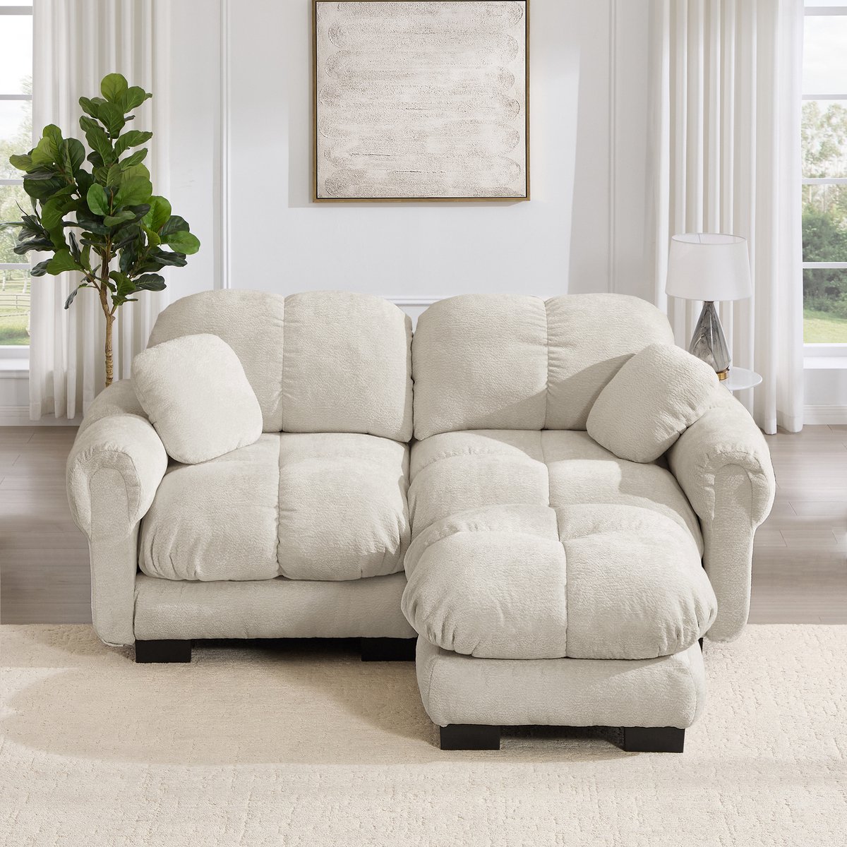 Intebiki 2-zits Hoekbank - Chenille stof - fauteuil - Modulaire U-vormige bank - Geen montage nodig - inclusief 1 poef - licht kaki