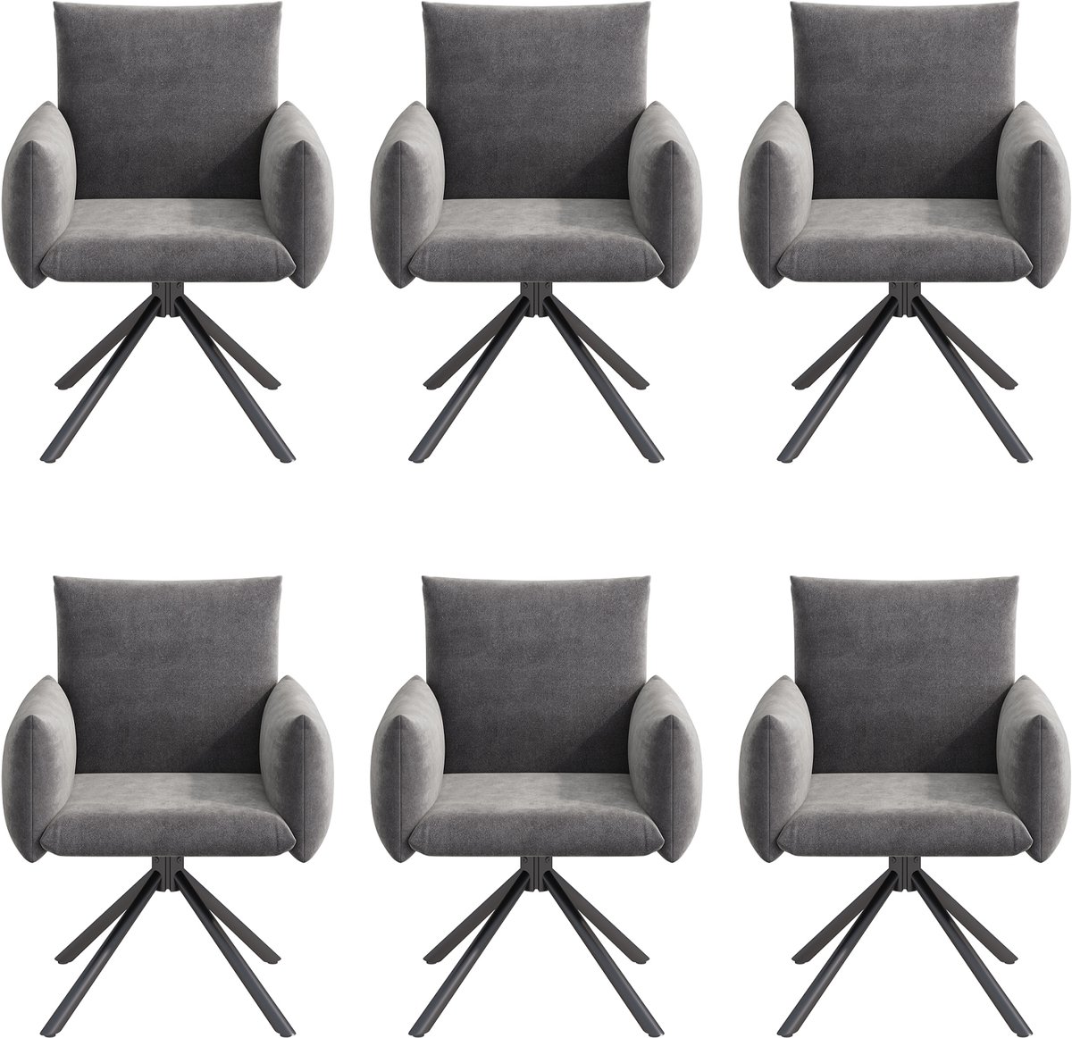 Eetkamerstoelen - Set van 6 - Eetkamerstoel - Velvet Eetkamerstoelen met Armleuningen - Gestoffeerde Eetkamerstoel - Moderne Stoel - Keukenstoel - Woonkamerstoel - Draaistoel 360° - Stoel met 4 Metalen Poten - Grijs