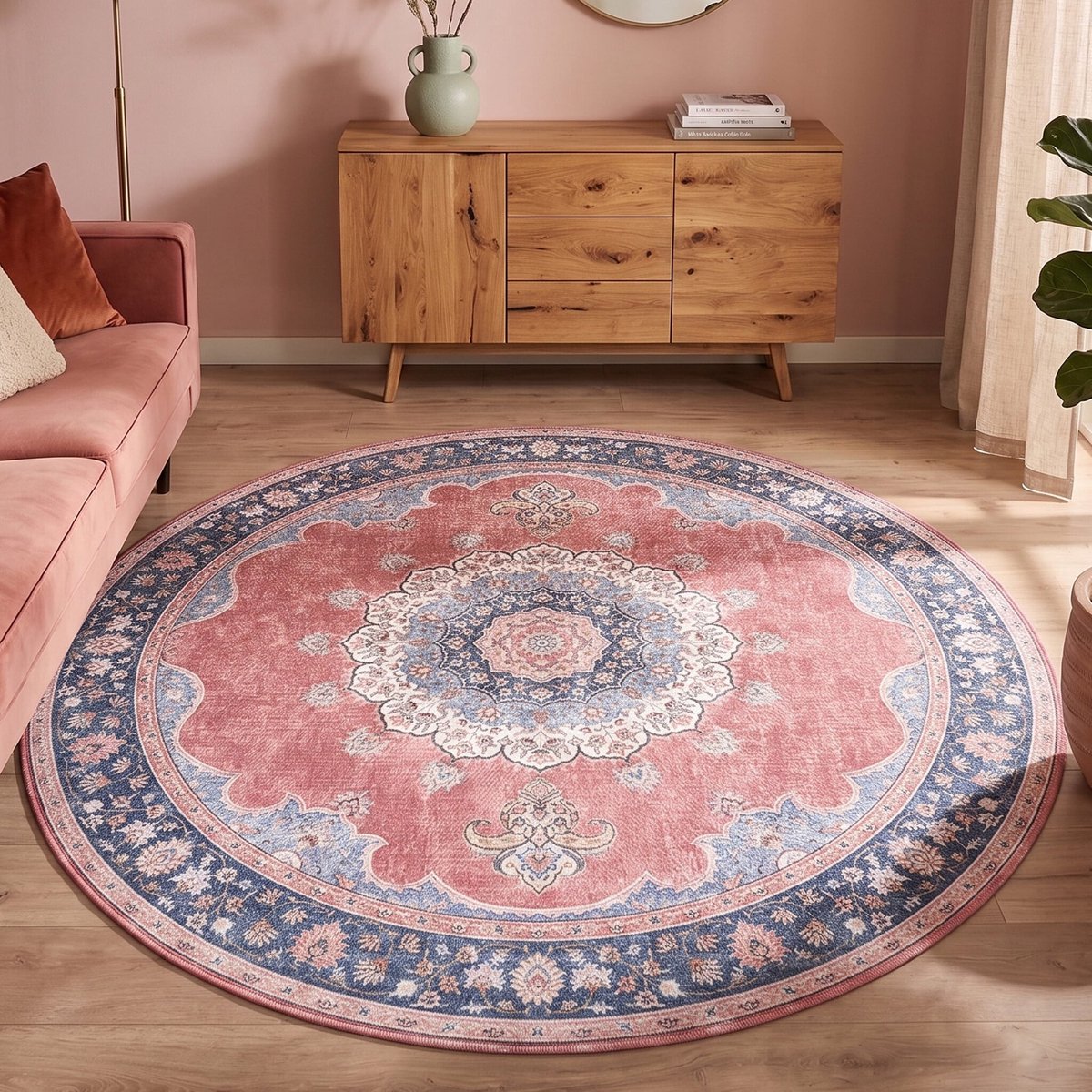 Fraai Rond vintage vloerkleed - Lily Medaillon Rood/Roze - Ø 140cm