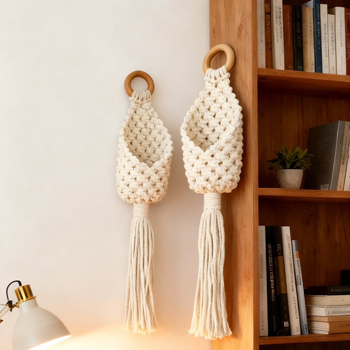 Boheemse handgeweven hangtas in druppelvorm met vogelnestmotief, plantenpotnet van katoentouw, wandopbergtas in Scandinavische stijl, 2 stuks (10*45cm)