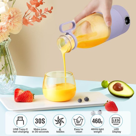 Draagbare Blender - Mini Mixer - Smoothies Maken - 6 Roestvrijstalen Messen - 350 ml - Paars — afbeelding 2