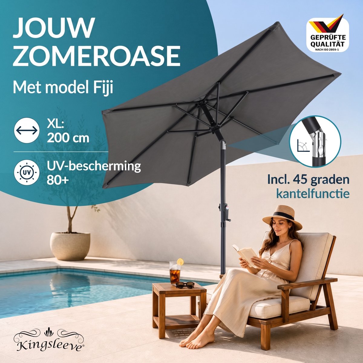 Kingsleeve Parasol 200 cm - Zwengel & Kantelmechanisme - Antraciet – foto 6