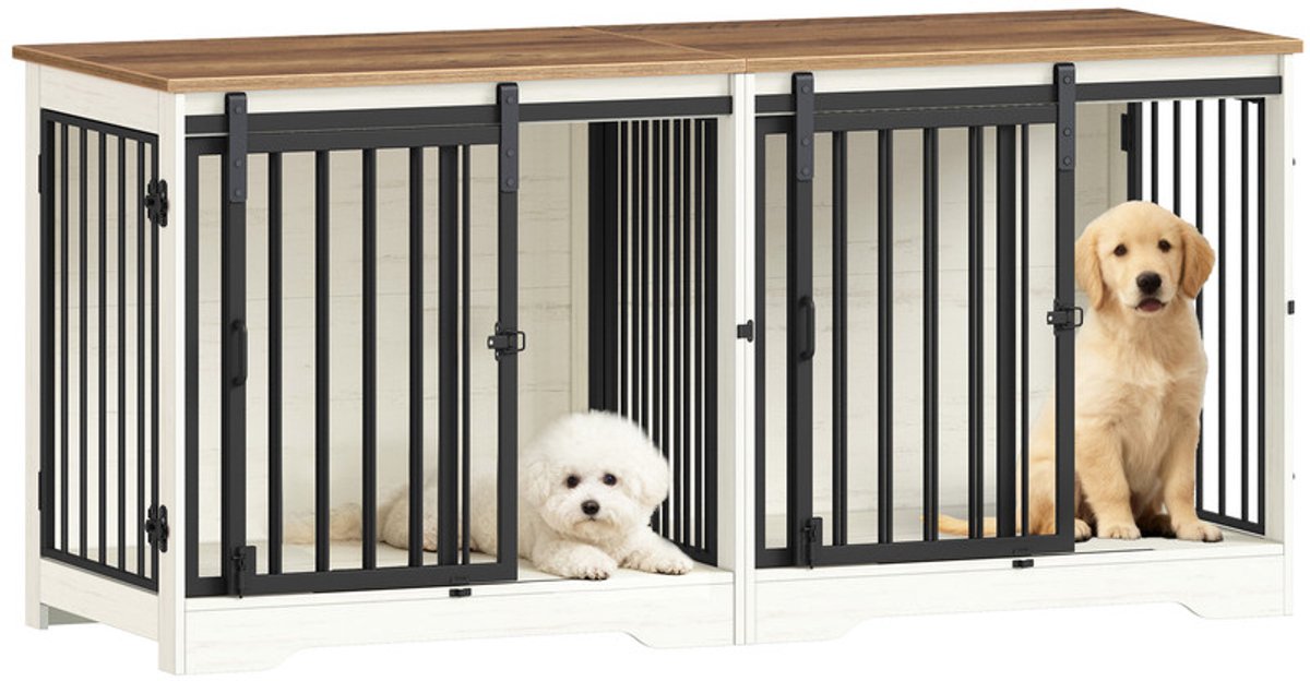Hzuaneri Kooi Voor 2 Honden, Met Scheidingswand, Dubbele Kooi Voor Kleine En Middelgrote Honden, Houten Hok, Tv-Meubel Met Schuurdeuren, Binnendecoratie, Wit En Bruin,136 x 49 x 64,5 cm