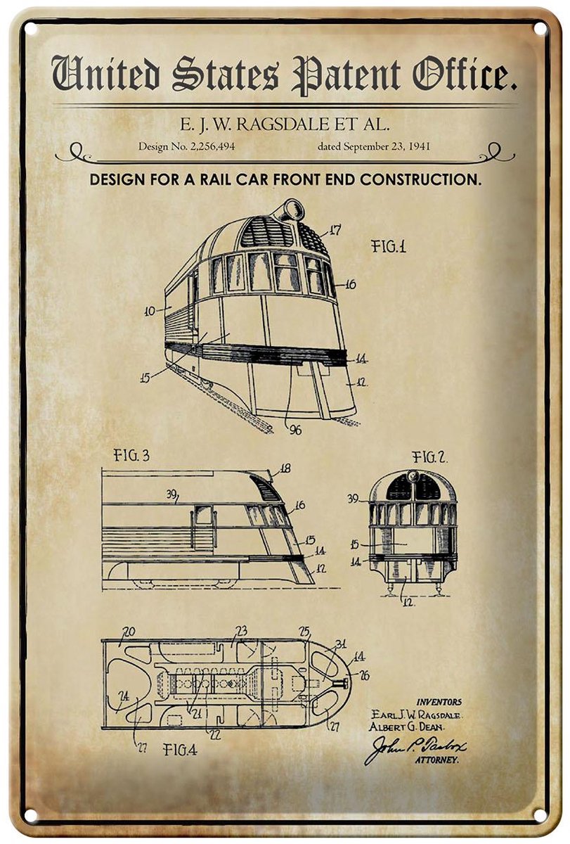 Blechschild Patent 20x30 cm Entwurf für Frontkonstruktion eines Eisenbahnwaggons