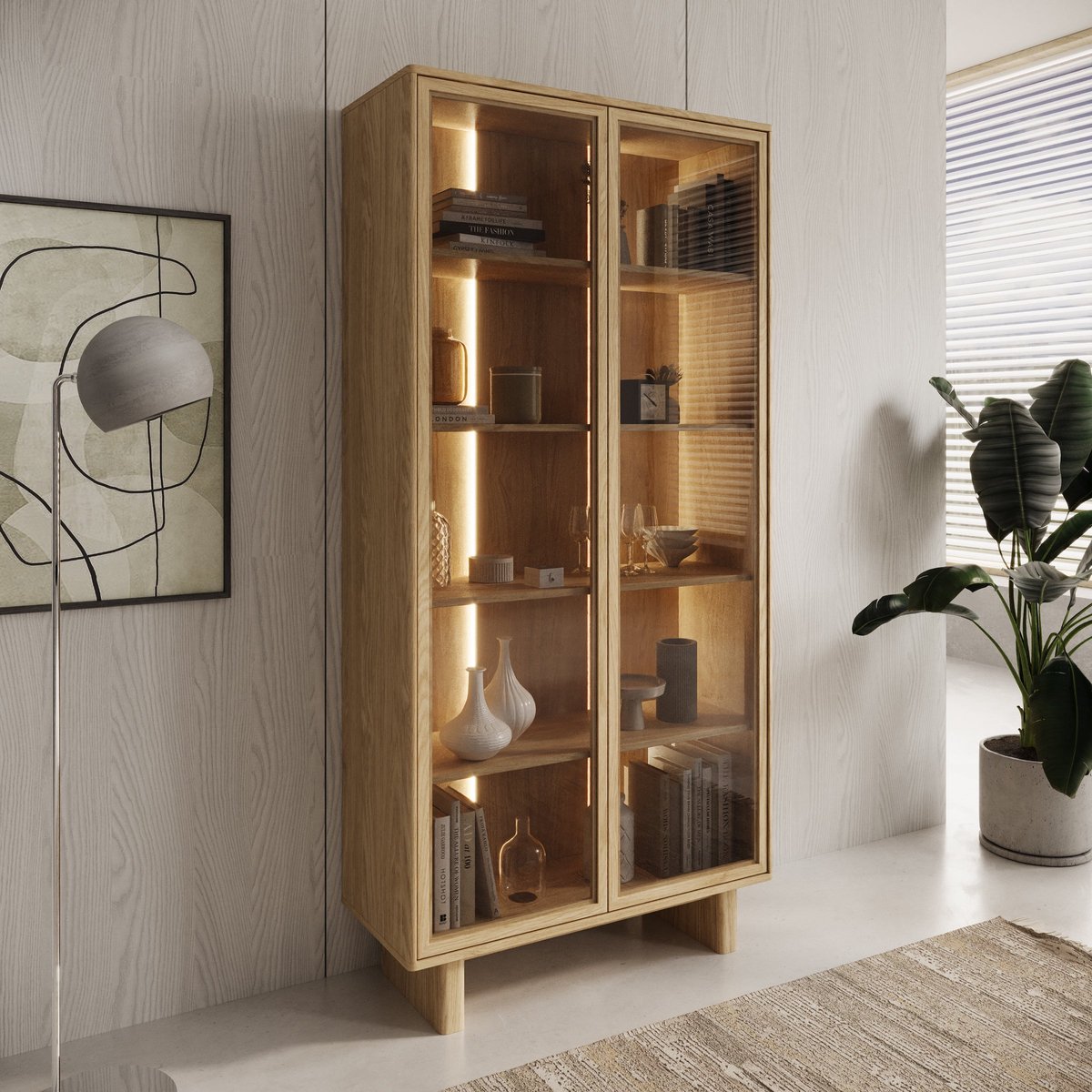 Meubella - Navello - Vitrinekast - Licht eikenpatroon - 94x38x195 cm