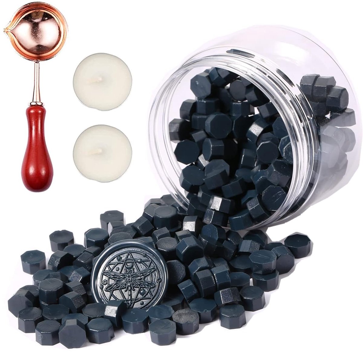set met 248 stuks zegellak, Makaron kleursysteem achthoekige zegellak kralen met 2 theelichtjes en 1 smeltlepel, zegellak voor waszegel stempel (Donker cyaanblauw)
