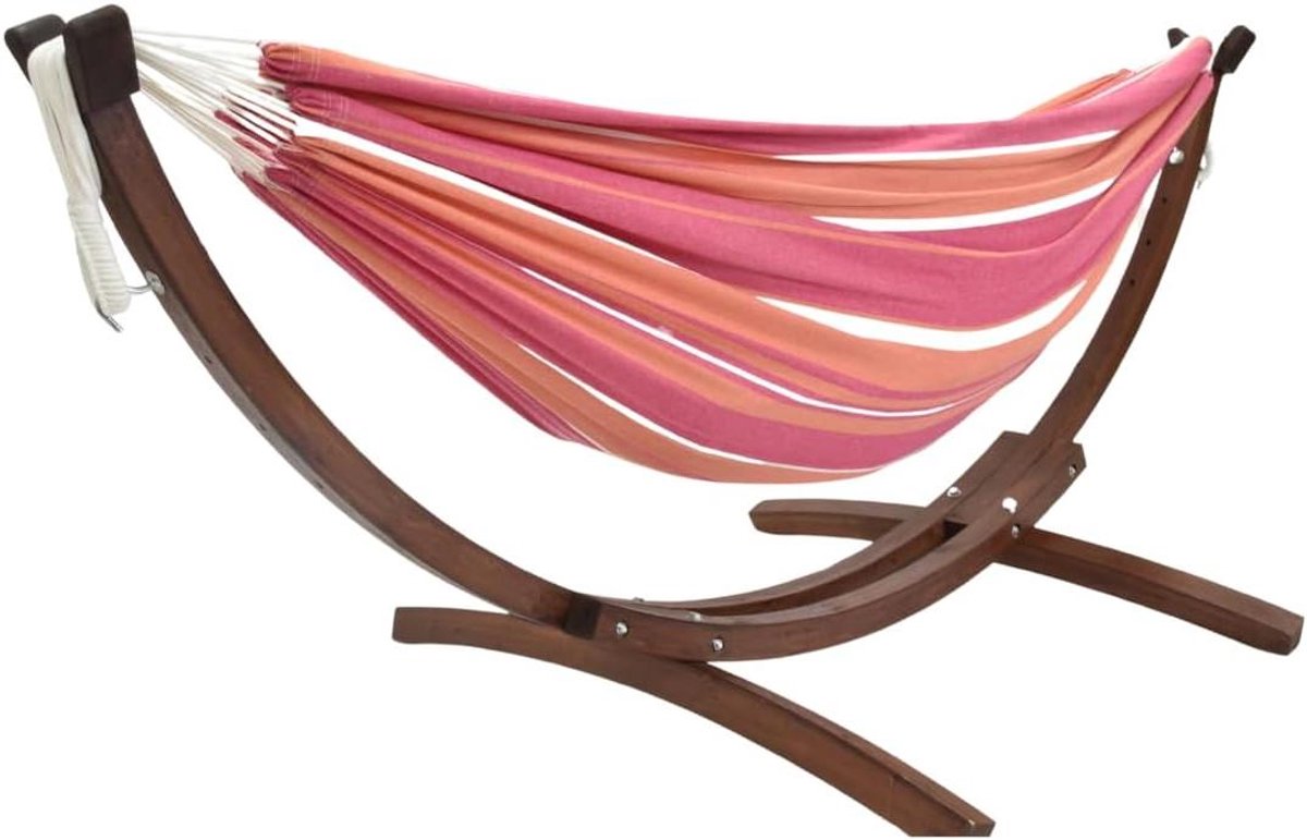 Dubbele Katoenen Hangmat - Buitenbed Relaxplek - Tuin Ontspannen - Inclusief Houten Onderstel - 259 x 117 x 104 cm