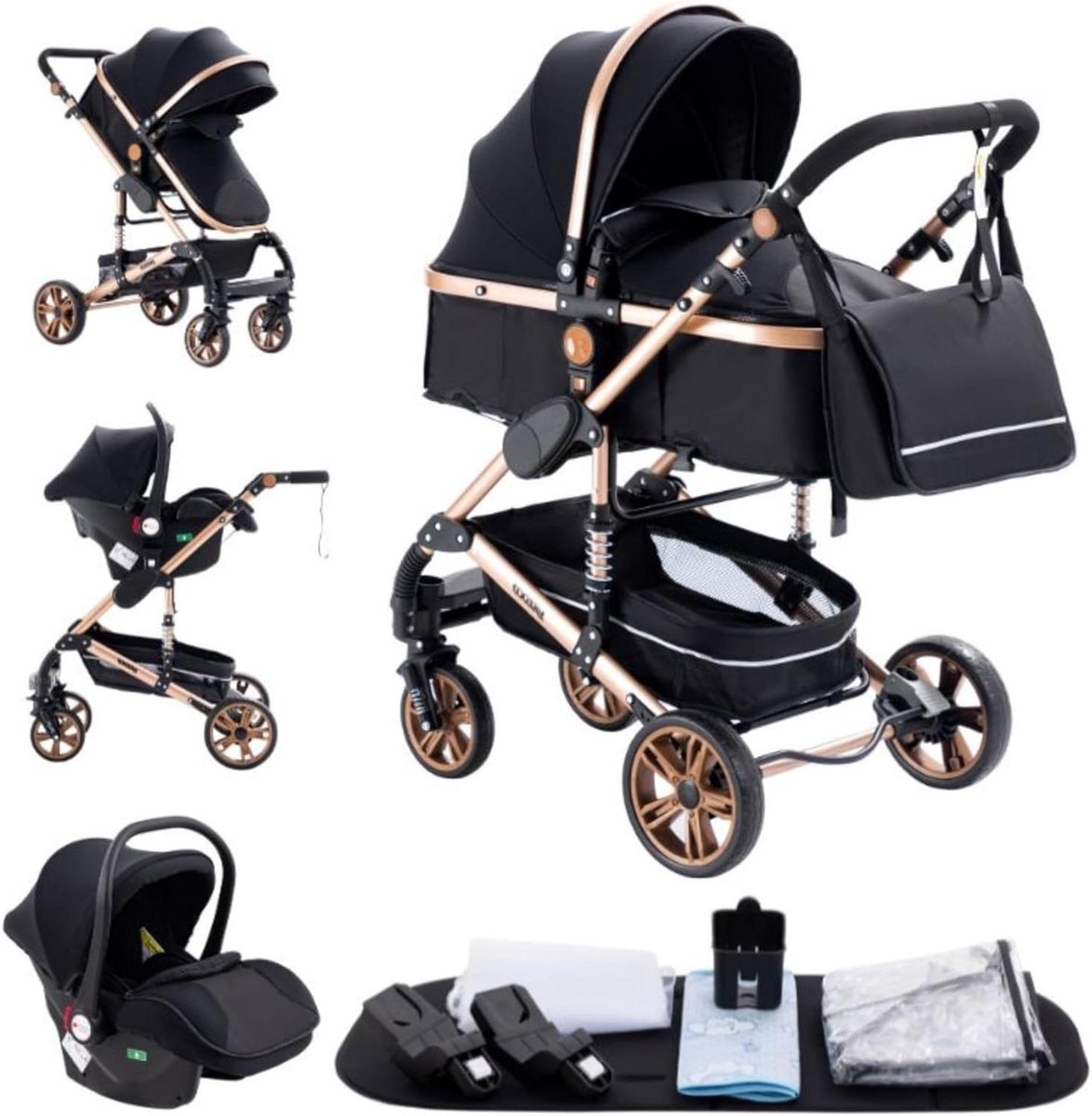 Baby Kinderwagen - Reiswieg Kinderzitje - Veilig Vervoer - 3-in-1 Systeem - 15 Kilogram - Zwart Goud