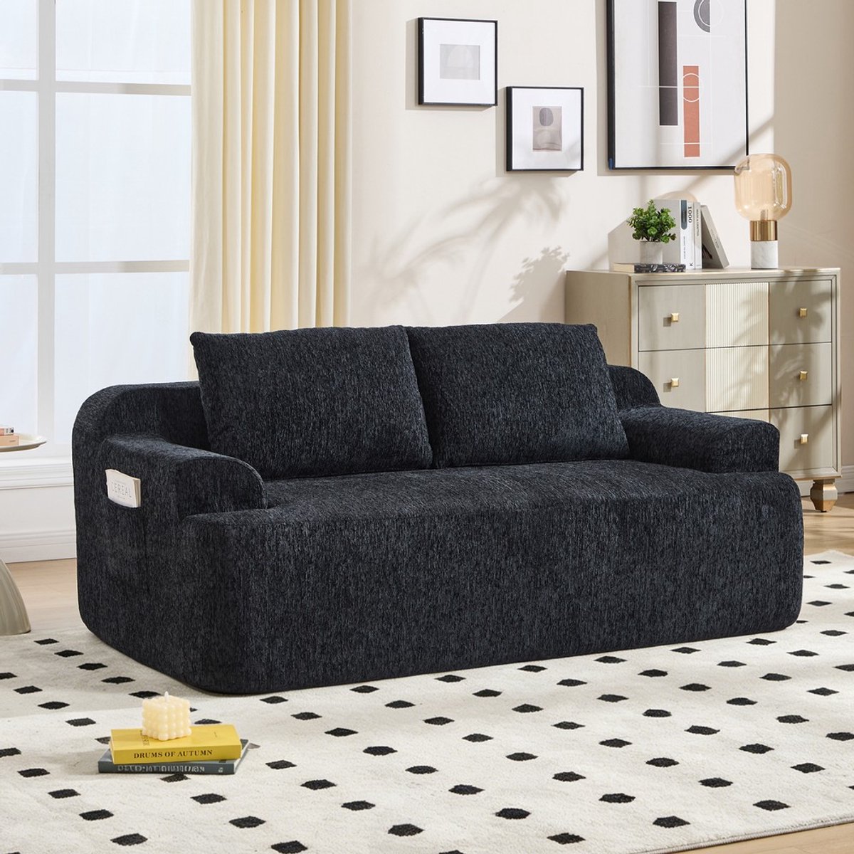 Pugsdrly Tweezitsbank, modulaire bank, diepzittende Memory Foam Cloud-stoel met kussens – Zwart