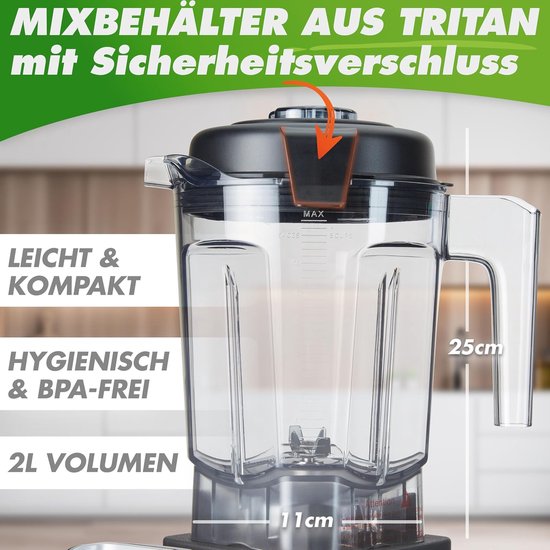 Krachtige Blender - Smoothie Maker - Gezonde Drankjes Maken - 2000 Watt Vermogen - 2 Liter Tritan - Zwart — afbeelding 2