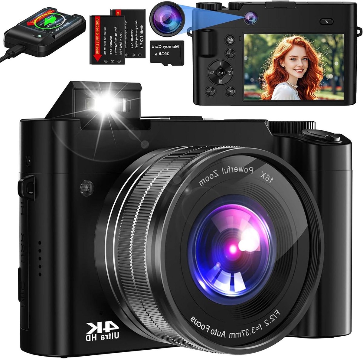 Digitale Camera - Vlog Camera - Foto en Video - Dubbele Lens Autofocus - 64 MP - Zwart