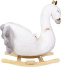 Witte schommelswaan met gouden kroon, grijze staart en zitje, vanaf de zijkant gezien.
