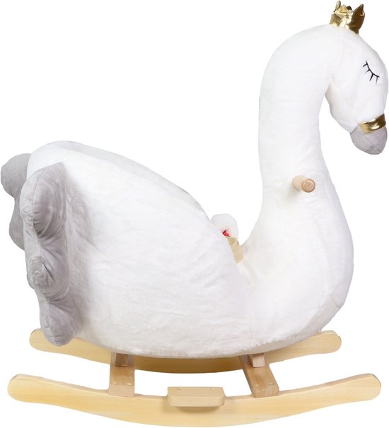 Witte schommelswaan met gouden kroon, grijze staart en zitje, vanaf de zijkant gezien.