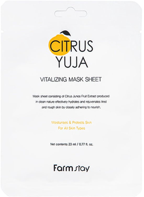 Wit maskerpakje met 'Citrus Yuja Vitalizing Mask Sheet' opschrift.