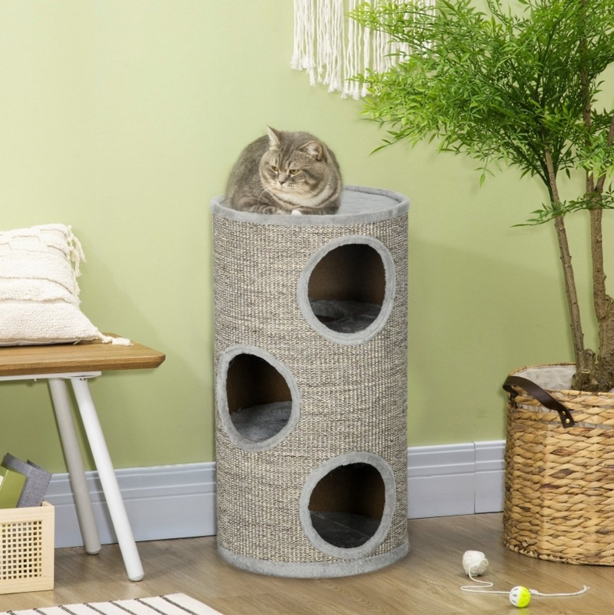 REDOM - Krabton voor katten - 3 niveaus met verbindingsopening - Krabvlak van sisal - Pluche binnenkant en bovenkant - Voor rust en spel - Hout - 38 x 38 x 70 cm