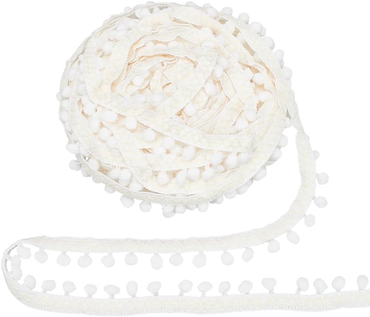 Decoratielint met geborduurde pompons, 27,44 m, 15,5 mm brede nylon banden met pompons, ideaal voor het naaien van kwastjes en doe-het-zelfaccessoires voor kleding en kleding, wit