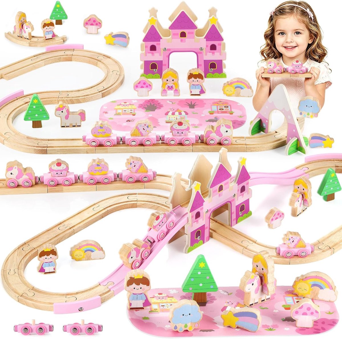Treinset voor meisjes 2-4, 41 stuks Montessori Peuter Trein Track Speelgoed met Magnetische Auto's, Kasteelbrug, Tunnel & Speelmat, Educatieve Houten Spoorwegset voor Kinderen Meisjes