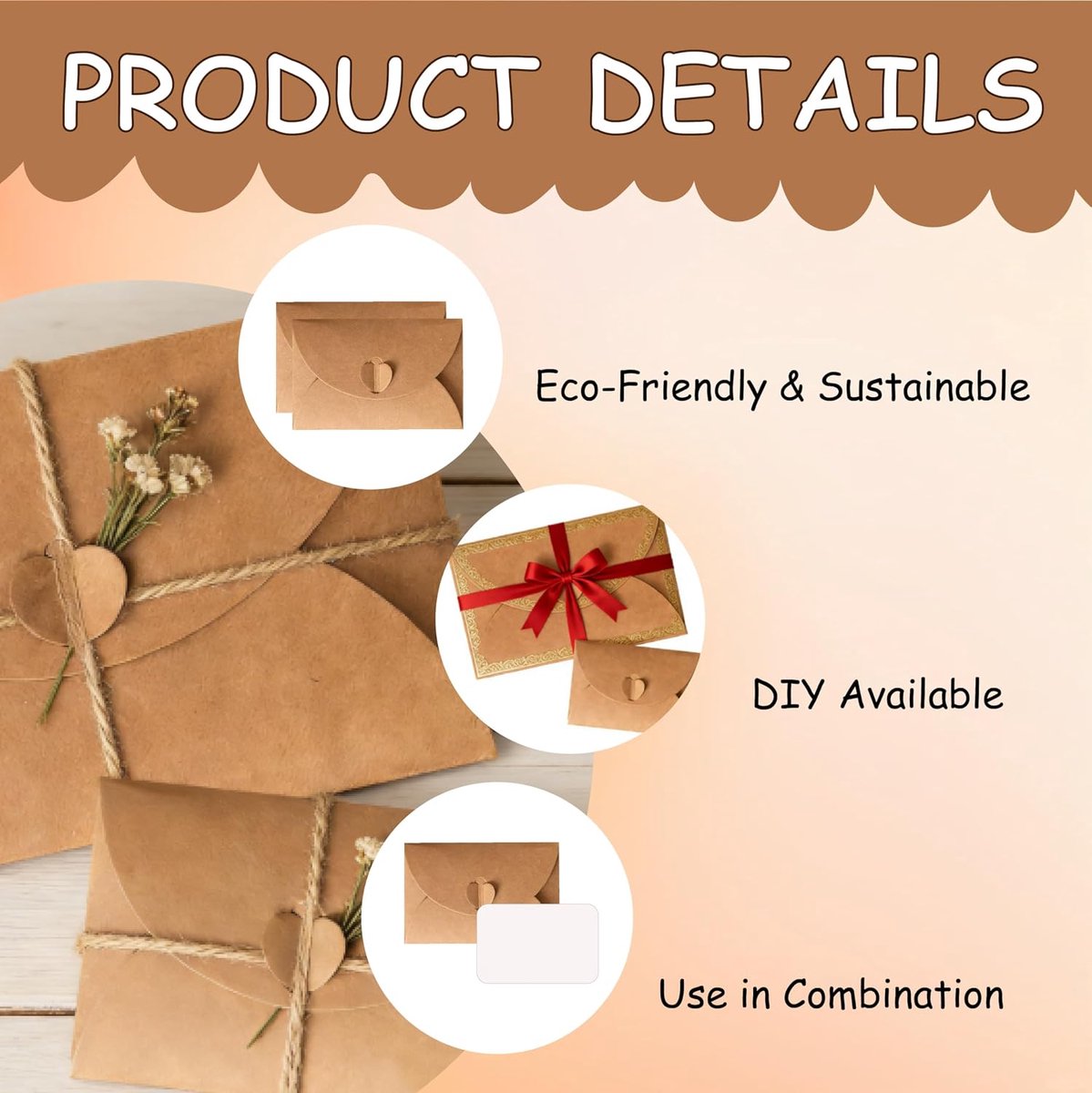 25 stuks mini-enveloppen, kraftpapier, kleine enveloppen met 25 blanco kaarten, 10 x 7 cm, kraftpapier, enveloppen, hartsluiting, zelf invullen, kaarten voor bedankkaarten, uitnodigingen, doe-het-zelf