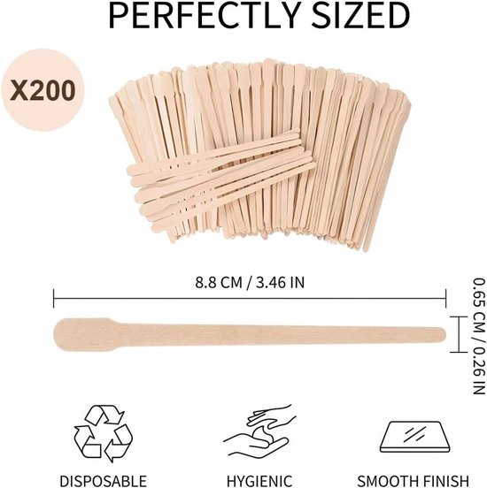 200 waxstokjes, houten spatel, 8,8 x 0,65 cm, geel, voor wenkbrauwen, gezicht, ontharing — afbeelding 3