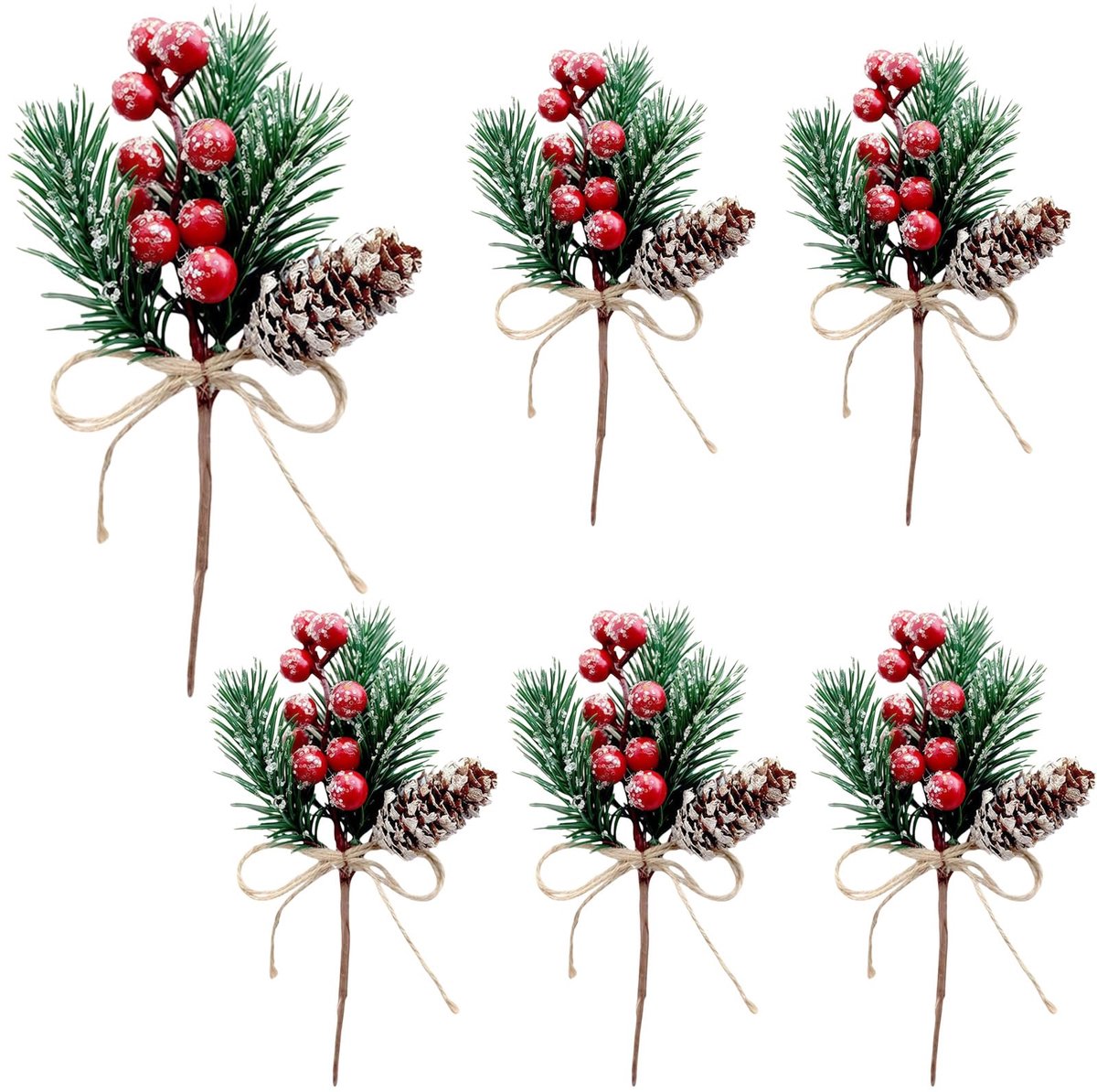 6 stuks kunstmatige rode bessen stam dennenappels met touw boog kerst bessen stengels groenblijvende dennentakken winter vakantie bloemen plectrums voor decoratie doe-het-zelf ambachten
