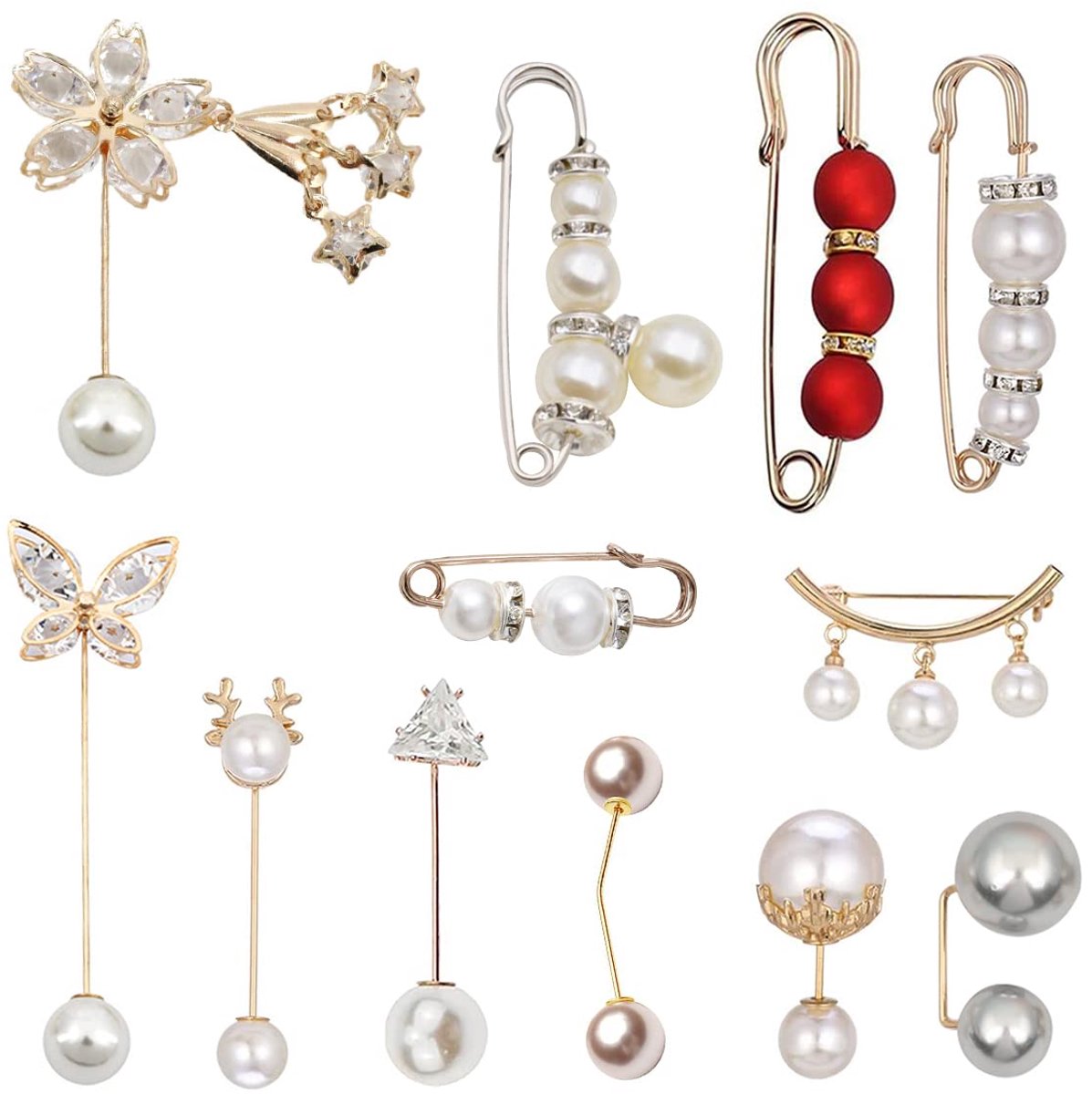 Broche Mode, 12 stuks kunstkristal en parelbroches, dames broche naald, veiligheidsspeld broche clips, rechthoekig gebreid vest broche pin, broche set, Parel