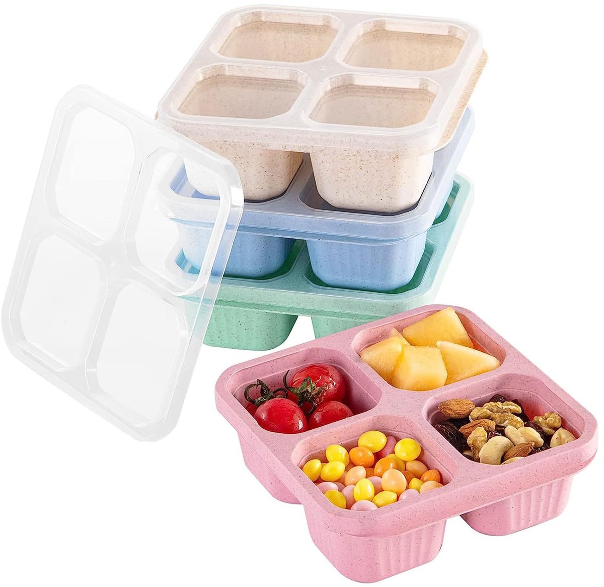 4 stuks snackcontainers - herbruikbaar voor kinderen en volwassenen, bento-brooddozen met 4 compartimenten - schoolwerk en reizen voor lekvrije voedselopslag (roze/beige/groen/blauw)