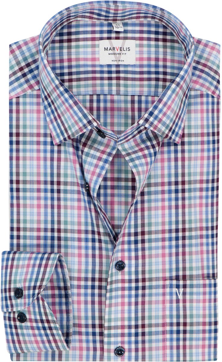 MARVELIS modern fit overhemd - popeline - wit - rood - blauw en groen geruit - Strijkvrij - Boordmaat: 42 (EU maat: L)