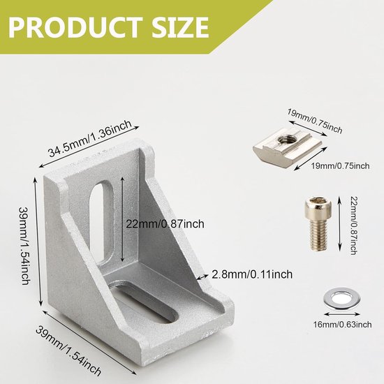 aluminium hoekhoeken voor aluminium profiel, 40 x 40 mm, hoekconnector, bevestigingsmateriaal voor 3D-printers, CNC- en doe-het-zelf — afbeelding 2