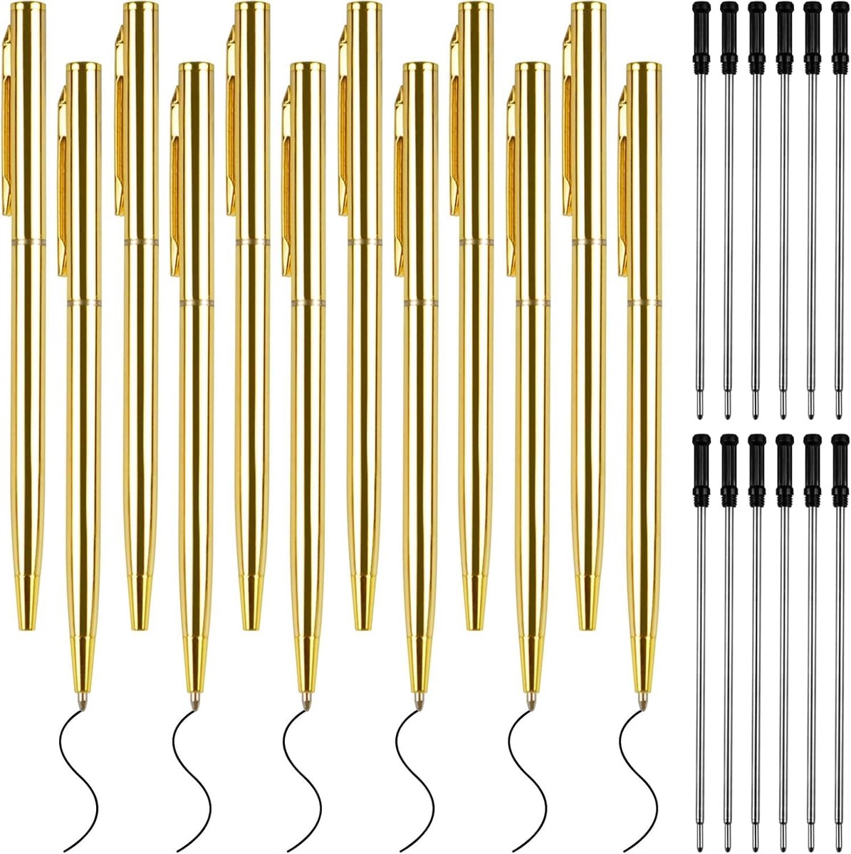 Metalen balpen, 12 stuks, goud, zwarte inkt, 1,0 mm, met 12 navullingen, slanke draaistift, cadeaupen voor business, kantoor, bruiloft, leraren, studenten, ideaal voor dagelijks schrijven